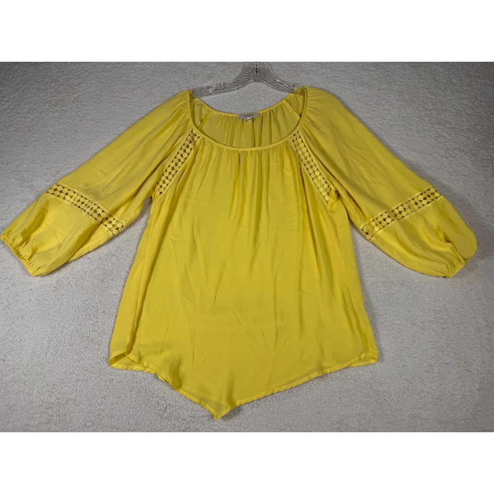 Halo Blouse Womens Medium Yellow Excellent Crochet Lace Boho Sharkbite Top
